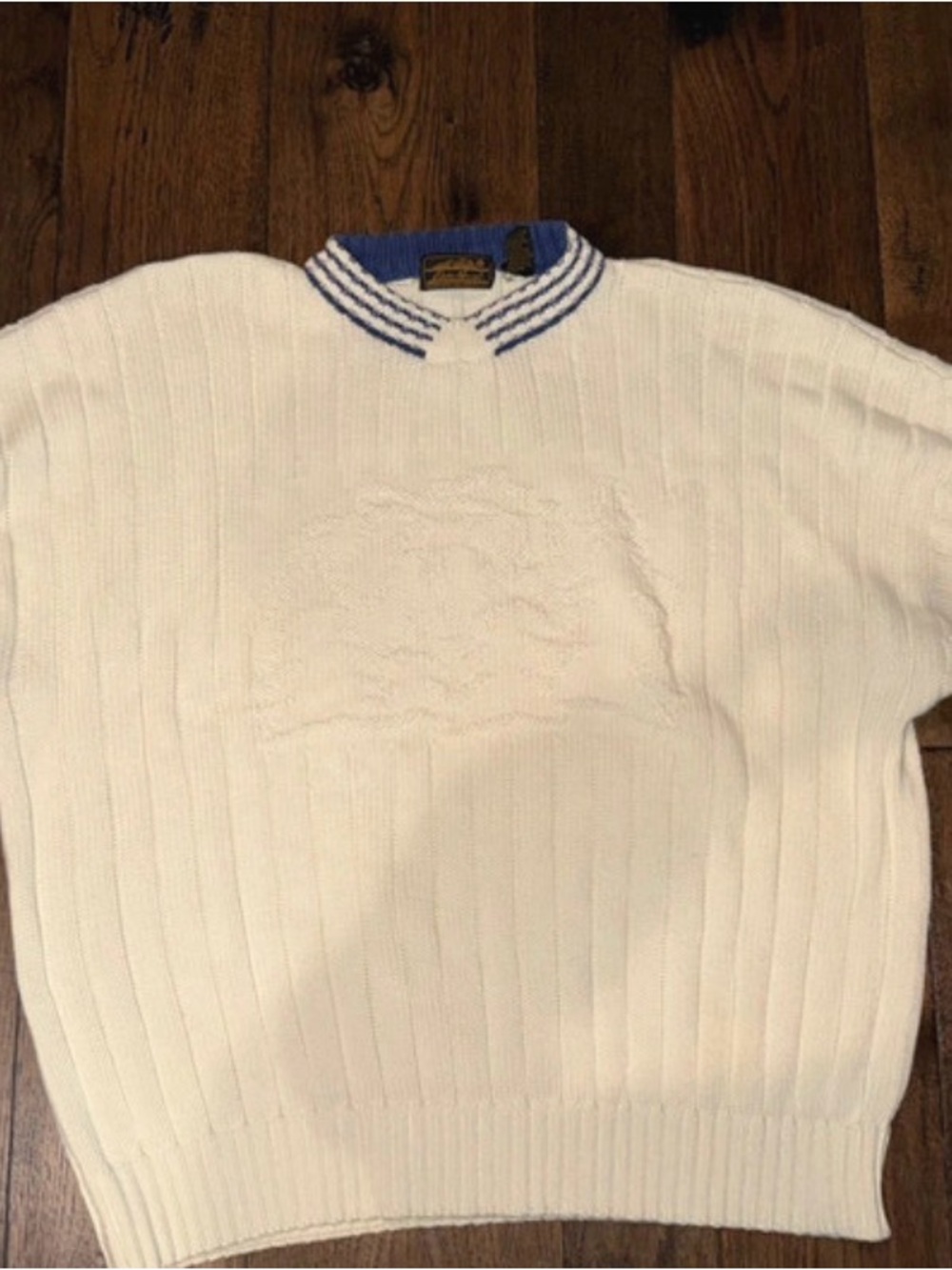 Vintage Eddie Bauer White Crewneck Sweater with Blue-Trim Collar